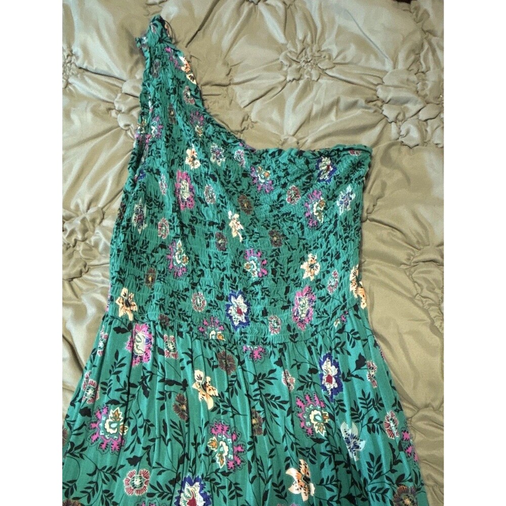 Knox Rose One-Shoulder Smocked Maxi Dress Floral Green Multicolor S Rayon